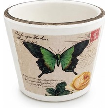 Asitan Dekoratif Seramik Saksı, Kelebek ve Çiçek Desenli, 8 cm Yükseklik, 10 cm Çap, Beyaz
