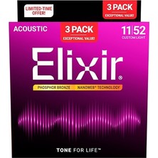 Elixir Nanoweb Phosphor Bronz 3’lü Paket Akustik Gitar Teli (11-52)