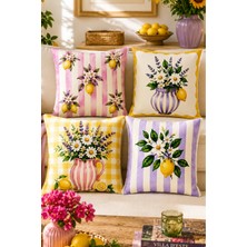 Ays Home Pembe Sarı Limon 4'lü Bahçe Ev 4'lü Kırlent Kılıfı Seti (43X43)