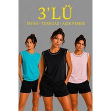 Melen Moda 3’lü Kolsuz Sporcu Atlet Seti Yazlık Bisiklet Yaka - Siyah, Turkuaz, Pembe