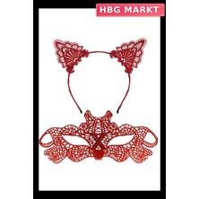 HBG Markt Mey Ithalat® Ateş Kırmızısı Dantel Taç ve Maske Seti 10 No - Maskeli Balo &amp; Özel Gün Seti