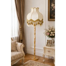 dekovien Beyaz Kadife Gold Saçaklı Başlık Gold Ahşap Ayaklı Lambader Vintage Model 170X50CM