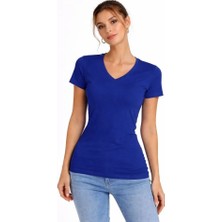 Melen Moda T-Shirt V Yaka Slim Fit Likralı Tişört Günlük Basic Body - Indigo