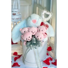 Moontime Alaçatı Premium Özel Hediye Kutusunda 45 cm Mavi Bunny Tavşan ve 5 Adet Pembe Peluş Ayıcık Buketi