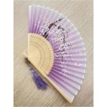 Moontime Alaçatı Yelpaze Bambu Vintage Lila Kelebekli Bahar Dalı Desenli Şık Püsküllü Japon Yelpaze 0167
