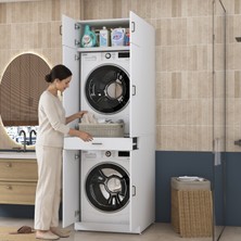 Rani Mobilya Rani KD143 Çamaşır ve Kurutma Makinesi Dolabı Çekmeceli Raflı Banyo Dolabı Beyaz