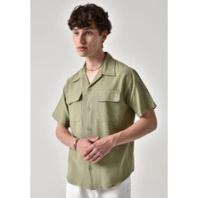 S13 Store Slim Fit Erkek Kısa Kollu Apaş Yaka Keten Gömlek