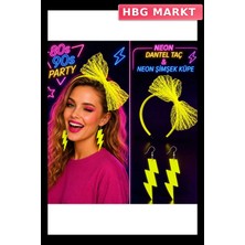 HBG Markt Neon Sarı Dantel Taç ve Şimşek Küpe Seti