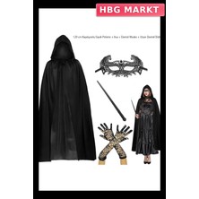 HBG Markt Mey Ithalat® 120 cm Kapüşonlu Siyah Pelerin + Asa + Dantel Maske + Uzun Dantel Siyah Eldiven Kostüm Seti