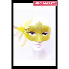 HBG Markt Mey Ithalat® Sim Işlemeli Inci Boncuk Detaylı Tüylü Balo Maskesi Altın Renk 13X18 cm