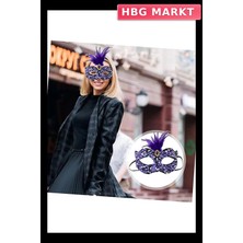 HBG Markt Mey Ithalat® Siyah Kadife Üzeri Rengarenk Payetli Pullu Mor Tüylü Mor Taşlı Parti Maskesi 19X21 cm