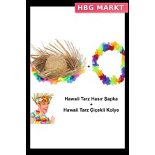 HBG Markt Hawaii Tarzı Tropikal Çiçekli Hasır Şapka ve Çiçekli Kolye Seti