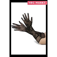 HBG Markt Mey Ithalat® Siyah Uzun Gül Desenli Dantel Kadın Eldiveni