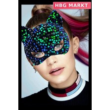 HBG Markt Mey Ithalat® Siyah Kadife Kumaş Üzerine Mavi Yeşilli Payetli Pullu Parti Maskesi 16X14 cm