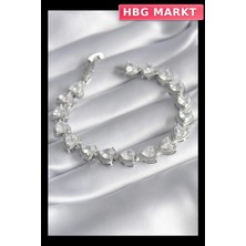 HBG Markt Mey Ithalat® Pirinç Gümüş Renk Zirkon Taşlı Kalp Model Vıp Seri Kadın Bileklik