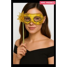 HBG Markt Lüks Taşlı Saplı Maskeli Balo Maskesi Altın Renk 35 cm