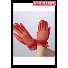 HBG Markt Mey Ithalat® Kısa Boy Likralı Güpürlü Yetişkin Tül Eldiven Kırmızı Renk