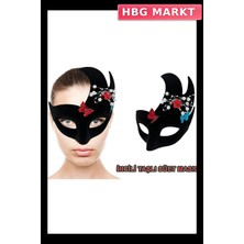 HBG Markt Mey Ithalat® Siyah Renk Incili Taşlı Süet Kaplama Venedik Parti Maskesi 20X22 cm