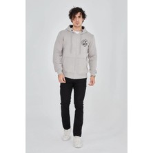 Tarz Yeri Erkek 3 Iplik Pamuklu Fermuarlı Kapüşonlu Kanguru Cepli Hoodie - Boyalı Gri