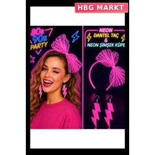 HBG Markt 80'ler 90'lar Parti Seti Neon Pembe Dantel Taç ve Şimşek Küpe