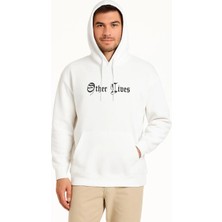 Tarz Yeri Erkek Kapüşonlu Kanguru Cepli Sweatshirt 3 Iplik Pamuklu Baskılı Hoodie - Beyaz