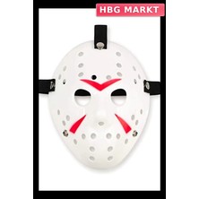 HBG Markt Mey Ithalat® Beyaz Renk Kırmızı Çizgili Tam Yüz Hokey Jason Maskesi Hannibal Maskesi