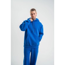 Tarz Yeri Erkek 3 Iplik Oversize Kapşonlu Basic Sweatshirt Hoodie - Mavi
