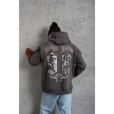 Tarz Yeri Erkek 3 Iplik Pamuklu Kapüşonlu Baskılı Cepli Oversize Sweatshirt Hoodie - Gri