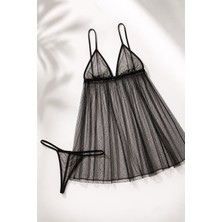 Kadın Siyah Transparan Tül Gecelik ve String Tanga Takımı - Hafif Dökümlü Babydoll Gecelik