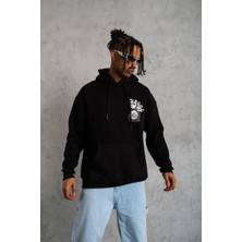 Tarz Yeri Erkek 3 Iplik Pamuklu Kapüşonlu Baskılı Cepli Oversize Sweatshirt Hoodie - Siyah