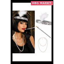 HBG Markt Gümüş Parti Seti - Çarliston Saç Bandı, Inci Kolye ve Tutacağı