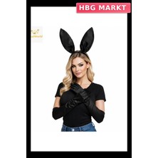 HBG Markt Mey Ithalat® Siyah Parlak Tavşan Kulak ve 40 cm Parlak Siyah Eldiven Kostüm Seti