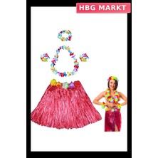HBG Markt Mey Ithalat® Hawaii Dans Kostümü – Kırmızı Hula Etek & Çiçek Kolye Seti