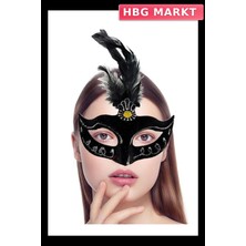 HBG Markt Mey Ithalat® Siyah Renk Tüylü Siyah Süet Kaplama Parti Balo Maskesi 20X16 cm