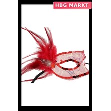 HBG Markt Mey Ithalat® Kırmızı Renk Yandan Tüylü Pul Payet Işlemeli Parti Maskesi 23X12 cm