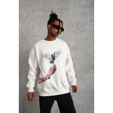 Tarz Yeri Erkek Güvercin Baskılı 3 Iplik Pamuklu Bisiklet Yaka Sweatshirt - Beyaz