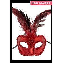 HBG Markt Mey Ithalat® Kırmızı Renk Rugan Kaplama Kırmızı Tüylü Parti Maskesi 18X20 cm