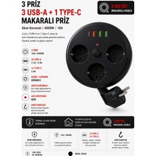 Smayling Akım Korumalı Makaralı Priz 3 Priz 3 Usb-A 1 Type-C 2 Metre Kablo 4000W 16A Açma Kapama Düğmeli Siyah