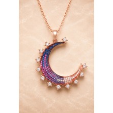 Bereka Jewelry 925 Ayar Gümüş Rose Gold Kaplama Renkli Hilal Kolye - Starlit Crescent