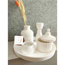 Moontime Alaçatı Dekoratif Yuvarlak Tepsi, Tealight Mumluk, Kapaklı Kutu, Iskandinav Vazo Düğüm Sütun Biblo Beton Set