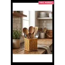 HBG Markt Kare Hasır Dokulu Plastik Rattan Kaşıklık Çatallık Askılı Çok Amaçlı Mutfak