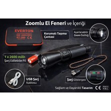 Everton RT-260 60W 6000 Lümen Zoomlu Şarjlı El Feneri – Taşıma Çantalı, USB Şarjlı, 2600 Mah Pil Dahil
