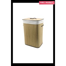 HBG Markt Dikdörtgen Hasır Ahşap Kirli Çamaşır Sepeti 42X32X60 cm Seyyar Kapaklı Içi