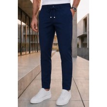 Modamesto Erkek Lacivert Slim Fit Likralı Beli Lastikli Bağcıklı Yan Cep Jogger Kumaş Pantolon