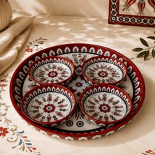 Sarkap Home 26 cm Kırmızı Ebru Meyve Tabağı ve 4'lü Çerezlik Seti