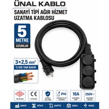 Ünal Kablo Sanayi Tipi Ağır Hizmet Uzatma Kablosu 5 Metre | 3x2.5 mm %100 Tam Bakır | Seldur Kauçuk 3'lü Grup Priz | Orel Kauçuk Fiş | IP54 IP44