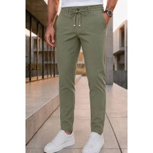 Ser Joven Erkek Haki Slim Fit Likralı Beli Lastikli Bağcıklı Yan Cep Jogger Kumaş Pantolon