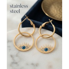 Stainless Steel 316L Çelik Gold Renk Zirkon Taşlı Mavi Göz Tasarımlı Küpe