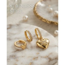 Stainless Steel Pirinç Zirkon Taşlı Kalp Model Gold Renk 3'lü Küpe Set