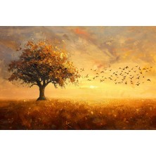 Aden Dijital Dekoratif Gün Batımı Kuşlar ve Ağaç Dekor Kanvas Tablo